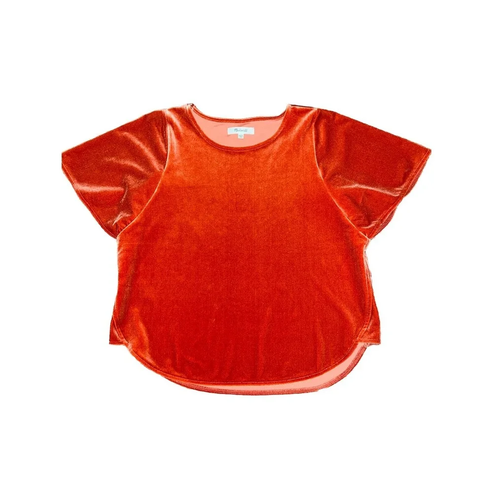 Madewell Burnt Orange Velvet Butterfly Sleeve Top Scalloped Hem XXS K4376